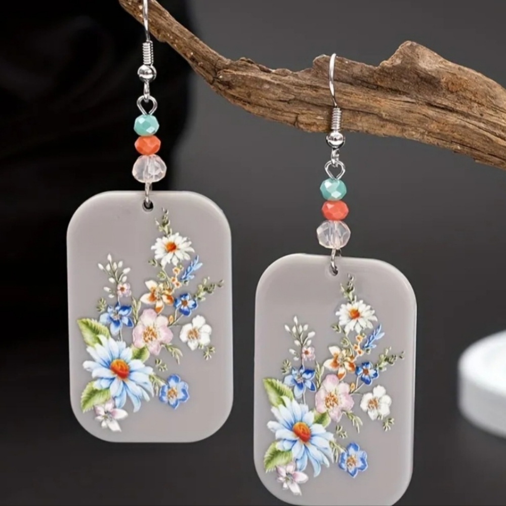 Whimsical Gray and Floral Dangle Earrings